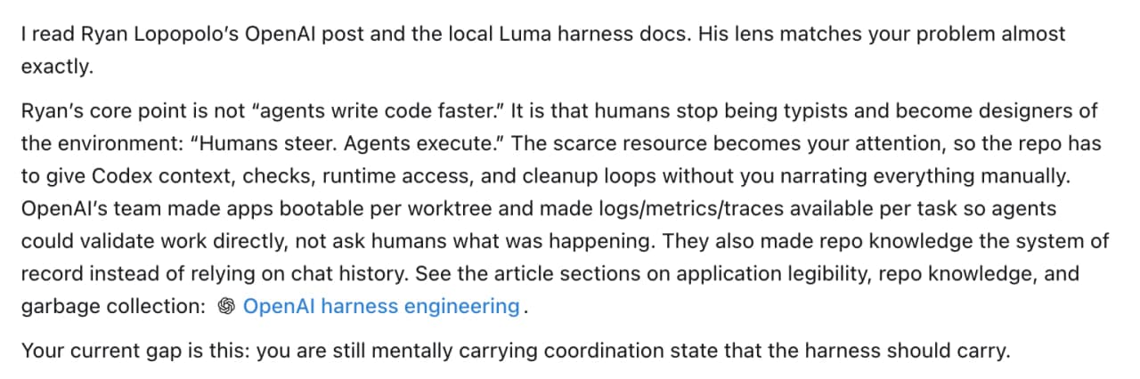 A note summarising Ryan Lopopolo's OpenAI harness engineering article and the Luma harness gap.
